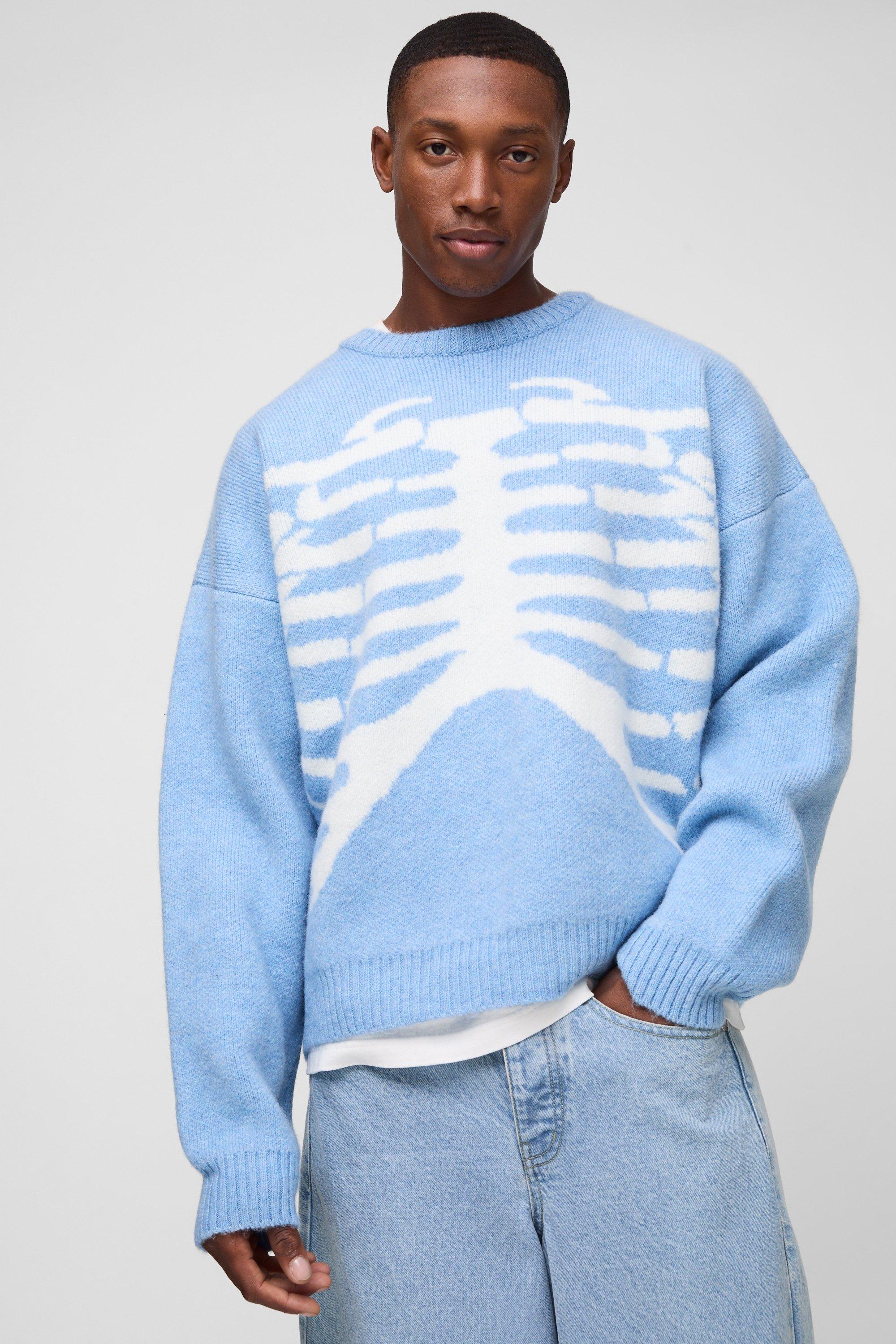 Mens Blue Oversized Boxy Brushed Skeleton Graphic Knitted Jumper, Blue